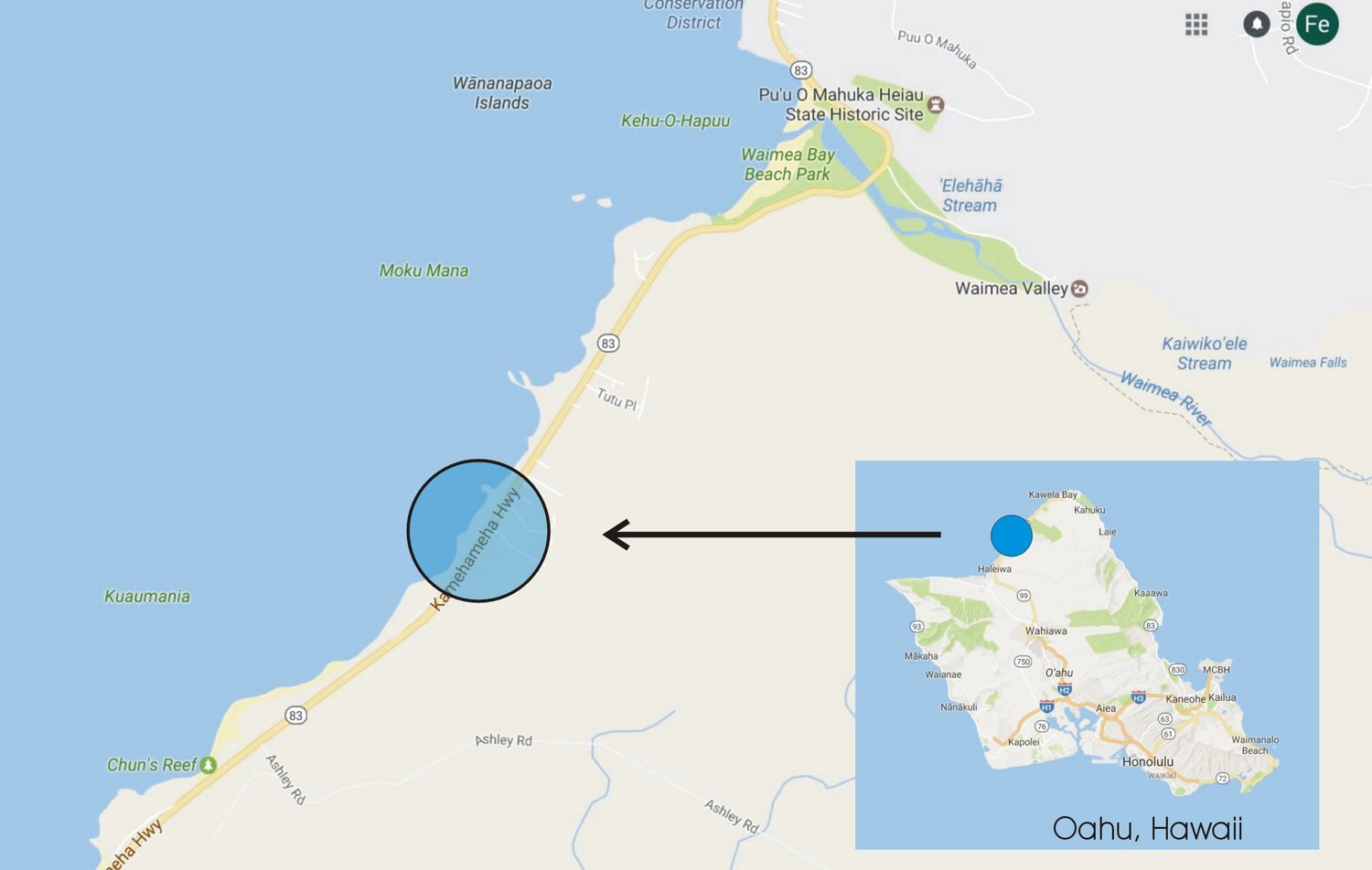 Map of Oahu showing rough location of Kaleakai house