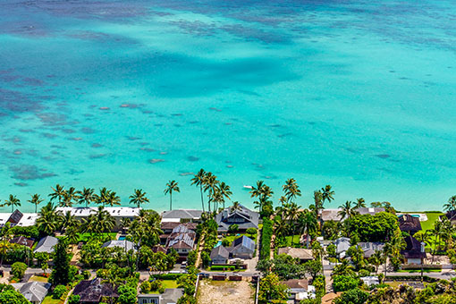 Oahu's North Shore beach from helicopter view